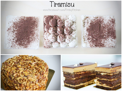 Opera, Tiramisu, Almond Coffee Caramel Cake