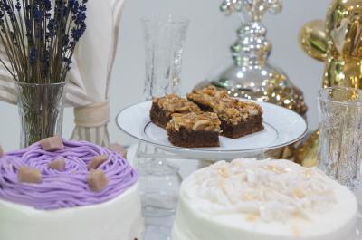 Coconut Pandan Cake, Purple Taro Cake, Caramel Nutty Cake 