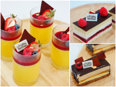 Raspberry Bavarian Mousse Cake, Chocolate Bavarian Passion Fruit Jelly Cake, Banana Passion Fruit Cremeux Verrine