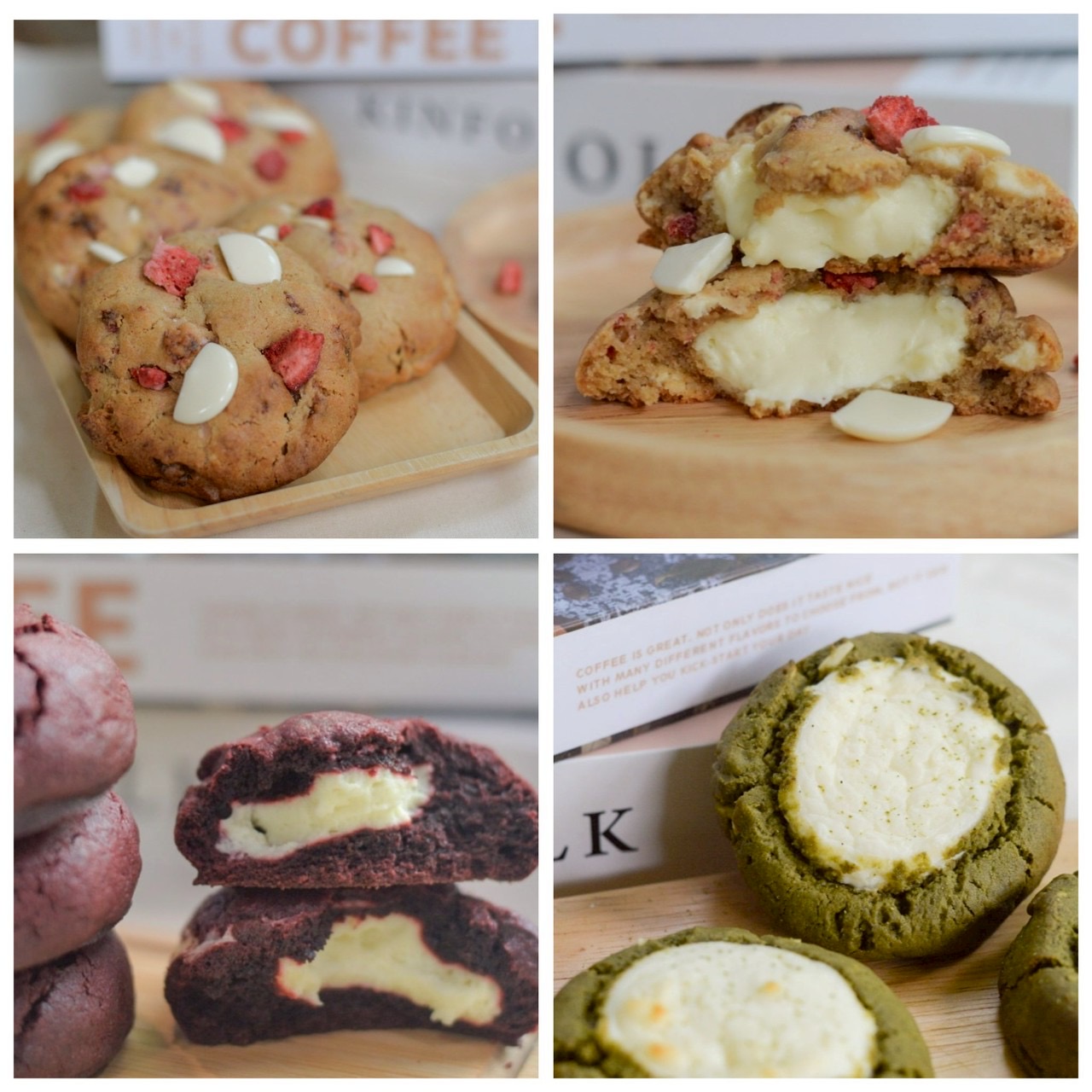1) Strawberry Cheese Cake Cookie  2) Matcha Cream Cheese Cookie  3) Red Velvet Cream Cheese Cookie