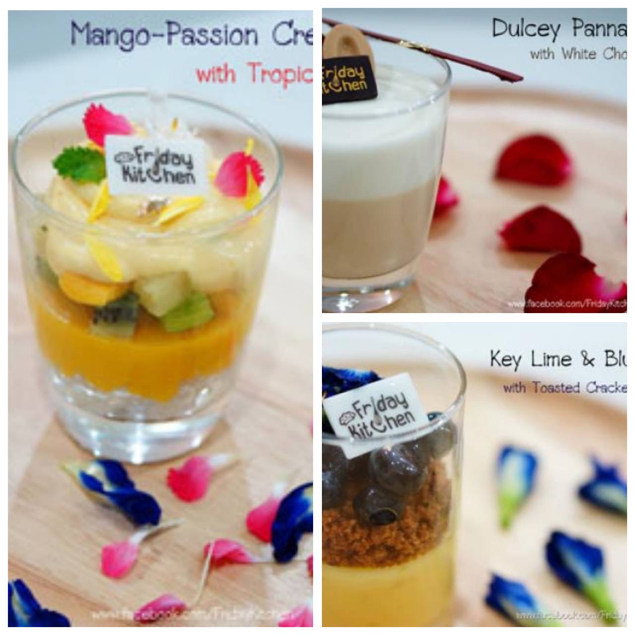 Mango-Passion Cremeux with Tropical Fruit, Key Lime & Blueberry with Toasted Cracker Crumbs, Dulcey Panna Cotta with White Choc Mousse