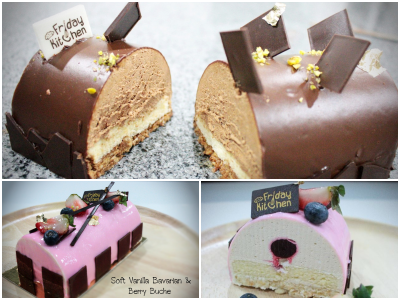 Soft Vanilla Bavarian & Berry Buche และ Richly Chocolate Praline & Crispy Rice Buche